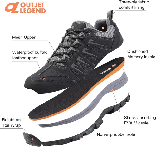 Vista 3 de OL OUTJET LEGEND Zapatos de senderismo impermeables para hombre, zapatos de trabajo de cuero cómodos, ligeros, antideslizantes, para caminar al aire