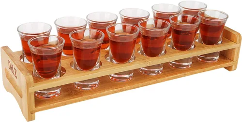 Vista 6 de D&Z Soporte de vidrio de chupito de madera de bambú con 12 vasos de chupito transparentes de 1 oz de cristal
