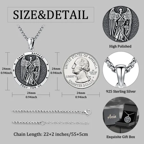 Vista 2 de Aniu Collar de plata de ley S925, San Miguel, San Cristóbal, San Benito, San Juda, Crucifijo de Jesús, San Uriel, Arcángel Rafael, San Patricio, San