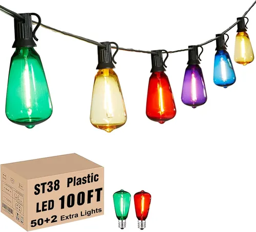 Vista 17 de 200 pies de luces de cadena LED al aire libre Edison para exteriores, impermeables, 2200K, luces de patio con 104 bombillas de plástico