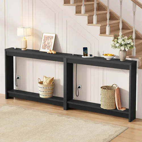 Vista 8 de FAVOOSTY Mesa de sofá de 39.4 pulgadas, mesa de consola estrecha y delgada para sala de estar, pasillo, entrada, mesa decorativa con almacenamiento