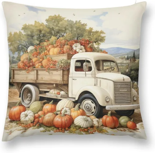 Vista 2 de Funda de cojín de 12 x 12 pulgadas, diseño de hojas de arce y calabaza naranja Happy Harvest Farm Truck para exteriores, decoración moderna