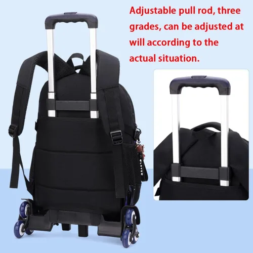 Vista 3 de CUSALBOY Bolsas escolares de tela Oxford para niños, mochila de viaje con seis ruedas y patrón de dinosaurio, Azul 1, Mochila con ruedas