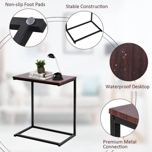 Vista 4 de Mesa auxiliar para sofá cama, mesa auxiliar compacta en forma de C con acabado de madera y marco de metal, mesa de bandeja de TV portátil para café