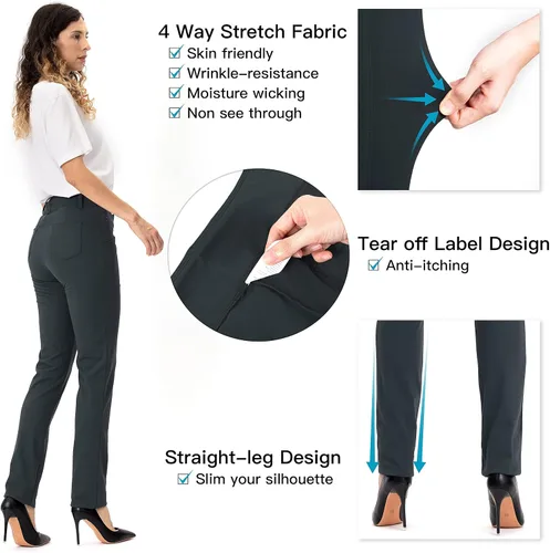 Vista 3 de XELORNA Pantalones de vestir de yoga para mujer, pierna recta, pantalones de yoga de cintura alta, pantalones casuales de negocios con 6 bolsillos