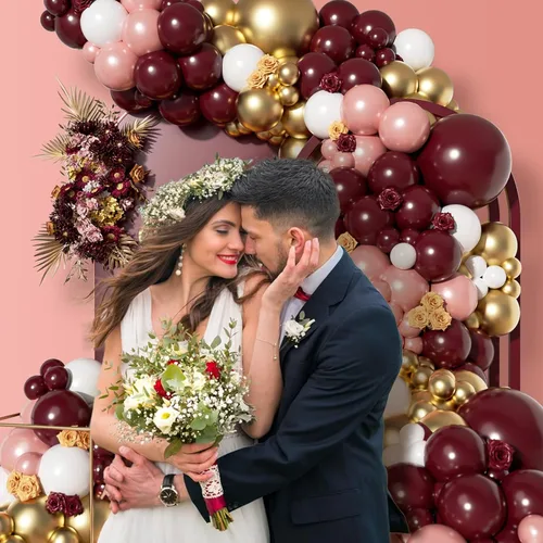 Vista 8 de Kit de guirnalda de arco de globos burdeos de 142 piezas con globos metálicos de oro rosa, granate y oro para decoraciones de cumpleaños, baby