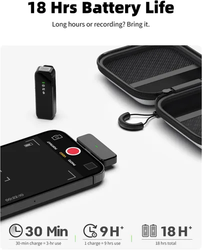 Vista 3 de Micrófono Lavalier inalámbrico para iPhone 15 16 y Android con cancelación de ruido, transmisión de 100 pies, duración de la batería de 18 horas