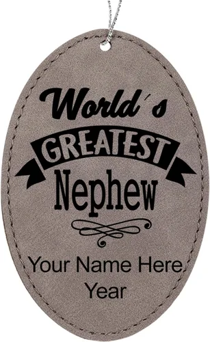Vista 10 de LaserGram Personalized Christmas Ornament, World's Greatest Nephew, Faux Leather, Custom Laser Engraved Gift Idea (Oval Shape, Black with Gold)