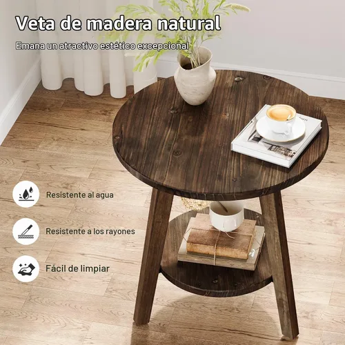 Vista 3 de Mesa de noche redonda de madera maciza, mesa auxiliar para sofá con estante de almacenamiento, mesita de noche de estilo granja para sala de estar