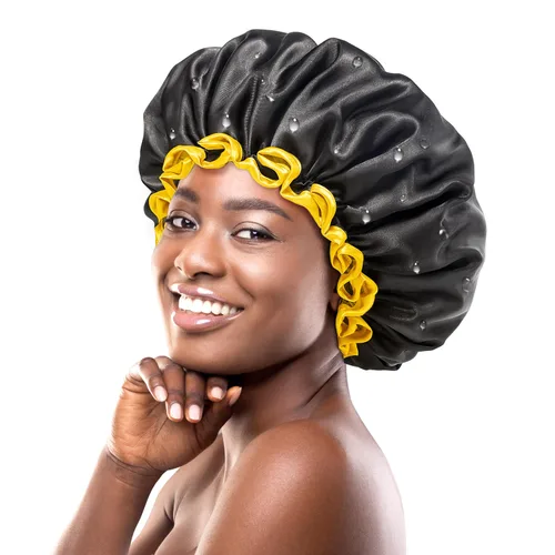 Vista 15 de Gorro de ducha negro extra grande para mujeres y hombres con cabello grueso, largo y trenzas, reutilizable, impermeable, de doble capa XL, gorros