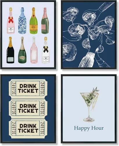 Vista 9 de ULEGIE Decoración de pared de bar, decoración de carrito de bar, decoración de pared retro de cóctel de champán, juego de 4, póster de bar