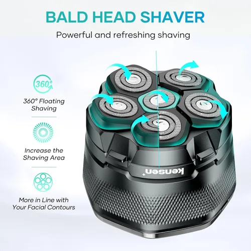Vista 7 de kensen Afeitadora de cabeza, afeitadora de cabeza 6D para hombres calvos, maquinilla de afeitar eléctrica IPX6 impermeable para hombres calvos