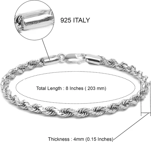 Vista 5 de LeCalla Pulsera clásica de plata de ley 925 italiana de 0.157 in, corte de diamante, para mujeres y hombres, fabricada en Italia