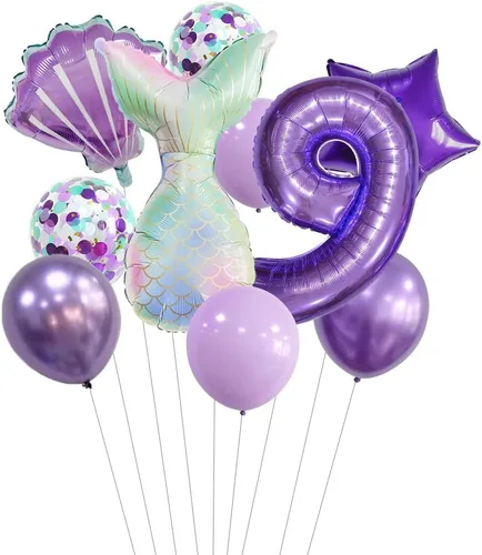 Vista 15 de 7 globos de sirena con números para fiesta de cumpleaños de 1, 2, 3, suministros de decoración de cola de sirena para niñas (número 0)