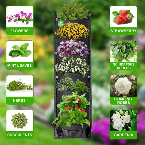 Vista 2 de Paquete de 2 macetas colgantes para plantas al aire libre, maceta vertical de pared de 7 bolsillos, maceta de balcón, maceta de barandilla
