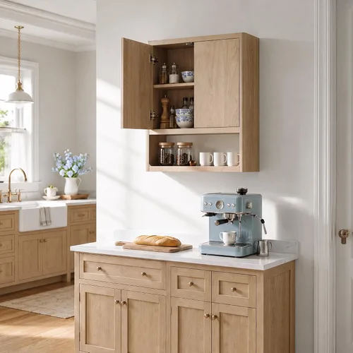 Vista 5 de VANIRROR Gabinete de pared de baño con puertas de pestillo, almacenamiento Roble natural-31