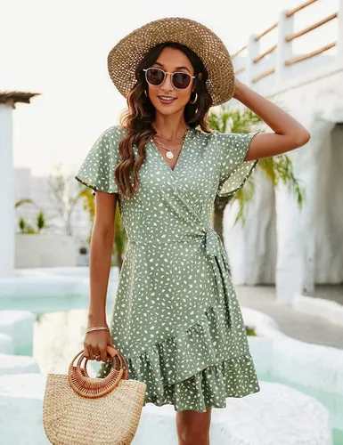 Vista 4 de Naggoo Vestido de verano con diseño envolvente, cuello en V, estampado de lunares o floral, con volantes, manga corta, con cinturón, mini, para mujer