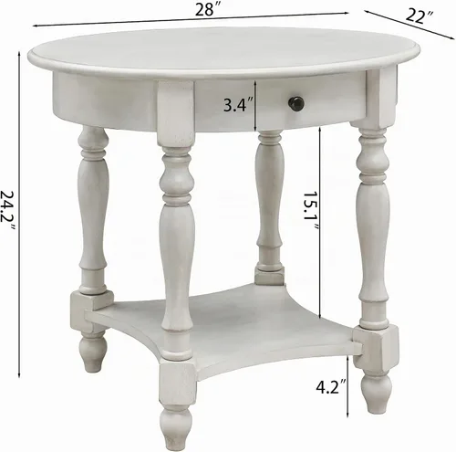 Vista 3 de Mesa auxiliar ovalada con cajón, estante de almacenamiento lateral de madera maciza para sofá, mesa de esquina tradicional para sala de estar