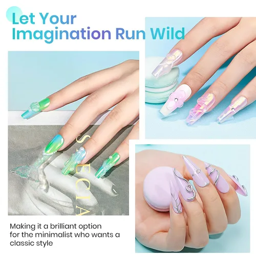 Vista 4 de MIZHSE Gel constructor sólido para uñas, 2 unidades de 1 onza de perlas de sirena y gel duro transparente con formas de uñas, molde 3D, remojado, U