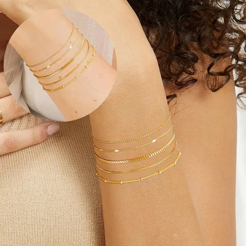 Vista 5 de Delicadas pulseras de oro para mujer, joyería de cadena de oro real de 14 quilates para mujer, impermeables, apilables, delgadas, con clip de papel