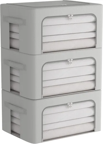 Vista 11 de Paquete de 3 cajas de almacenamiento con marco, bolsas de almacenamiento de ropa, tela Oxford, plegable, apilable, juego organizador con ventana
