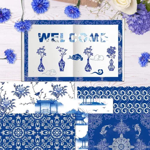 Vista 6 de Papel de álbum de recortes con patrón chinoiserie, 24 hojas de cartulina de doble cara de 12 x 12 pulgadas, papel decorativo para manualidades