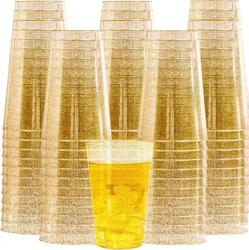 Vista 16 de I00000 Paquete de 100 vasos de plástico dorados de 14 onzas, vasos desechables de plástico con purpurina dorada, copas de vino desechables, copas
