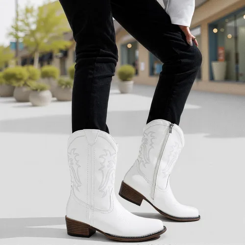 Vista 8 de Jeossy Botas vaqueras para mujer, vaquera occidental, a media pantorrilla, puntera redonda, bordadas, con cremallera
