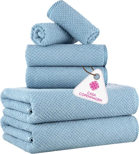 Vista 39 de CASA COPENHAGEN Exotic - Juego de 6 toallas de diseño de 100% algodón egipcio, color azul aguamarina, 550 GSM, 2 toallas de baño, 2 toallas de baño