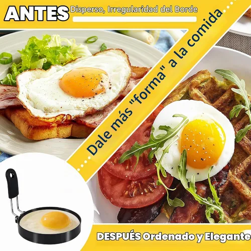 Vista 5 de Anillos de huevo para freír huevos, 3.5 pulgadas de acero inoxidable, para panqueques ingleses, magdalenas, con mango de silicona
