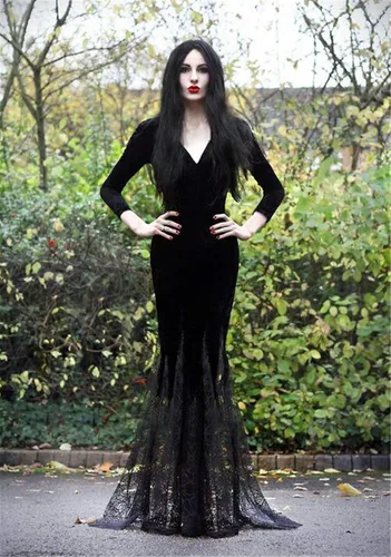 Vista 4 de Vestido largo de sirena para mujer, vestido largo con cuello en V, vestido de encaje negro, vestido de fiesta de Halloween, cosplay, vestidos