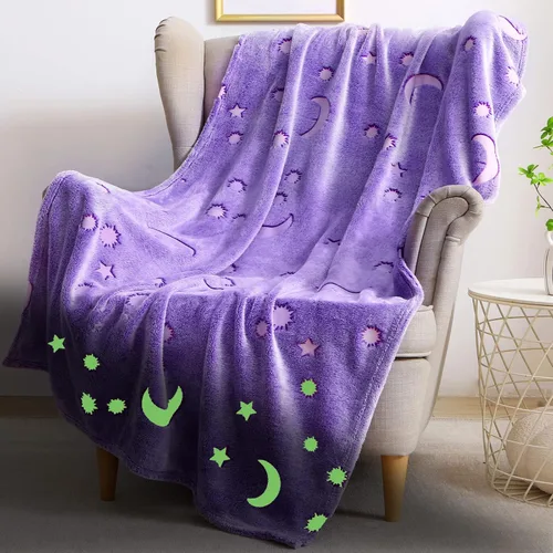 Vista 8 de Manta que brilla en la oscuridad para niñas, cumpleaños, color púrpura y rosa, luna y estrella, manta suave para niños, niñas pequeñas