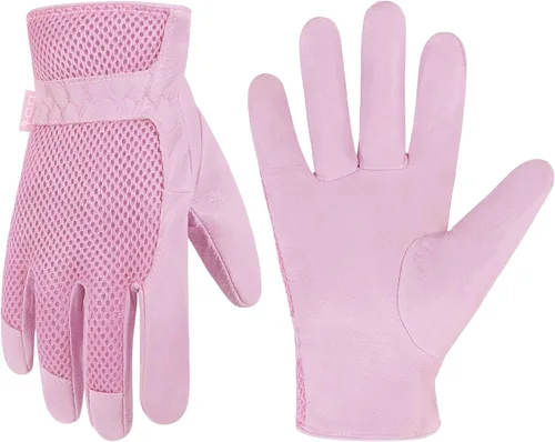 Vista 19 de HANDLANDY Guantes de trabajo para mujer, guantes de jardinería de cuero transpirable para mantenimiento de patio, protección de manos con pantalla