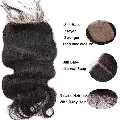 Vista 5 de Cabello humano con base de seda 4x4 con cierre de encaje con cabello de bebé, ondulado, cierre de cabello virgen brasileño, parte libre, color Parte