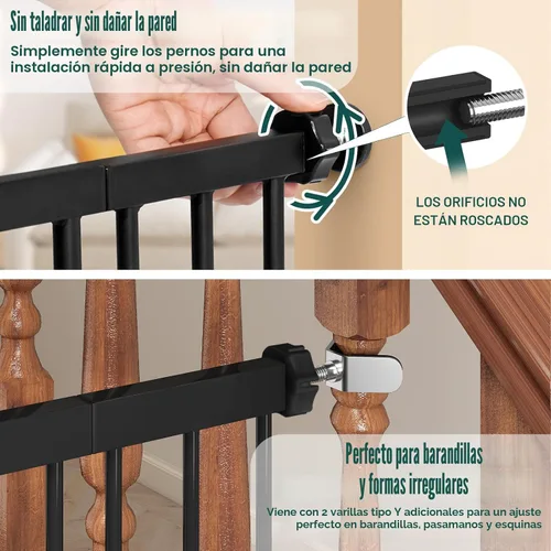 Vista 3 de keny Puerta de bebé de 29.7 a 46 pulgadas para escaleras, puertas de perro con cierre automático para puertas, montada a presión, sin perforación