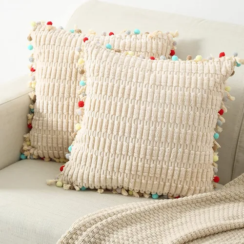 Vista 3 de Dongchen Juego de 2 fundas de almohada decorativas con pompones, de terciopelo suave, estilo bohemio, para sofá, cama, sofá, cama, sala de estar