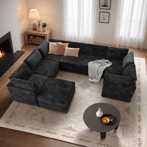 Vista 24 de Sofá seccional modular, conjunto de sofá en forma de L de 98" para sala de estar, 4 asientos cómodos tipo nube con sillas giratorias, combinación