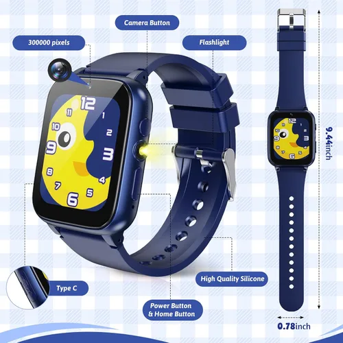 Vista 7 de Reloj inteligente para niños de 1.69 pulgadas, reloj inteligente para niños y niñas, podomter, 26 juegos de rompecabezas, cámara, video, reproductor