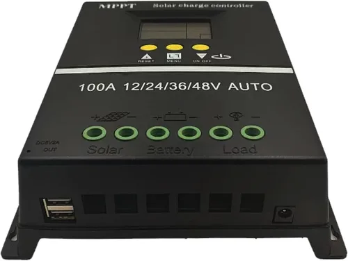 Vista 4 de Controlador de carga solar MPPT 100A, 12/24/36/48V, pantalla LCD, USB dual, negro
