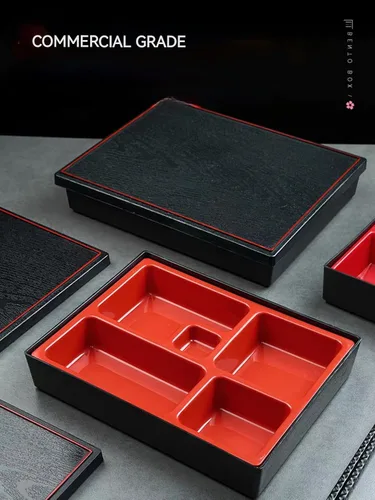 Vista 3 de Fiambrera tradicional japonesa de 5 compartimentos lacada Bento con cubierta de 10.5 pulgadas de largo x 8.5 pulgadas de ancho x 2.5 pulgadas