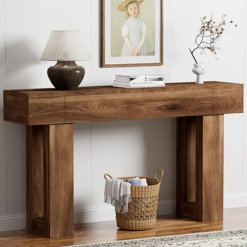 Vista 14 de Mesa consola de 63 pulgadas de largo con salidas y puertos USB, mesa rectangular estrecha para sofá detrás del sofá, mesa de entrada de granja