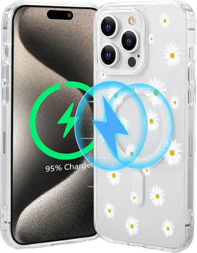 Vista 8 de Funda magnética de flores para iPhone 15 [compatible con MagSafe] Bonito patrón floral transparente a prueba de golpes