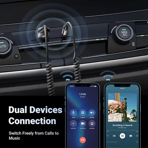 Vista 6 de UGREEN Adaptador Aux a Bluetooth 6.0 Receptor Bluetooth de 3.5mm para Coche Kit USB 2.0 a Conector de 3.5mm con Micrófono Integrado Entrada Auxiliar