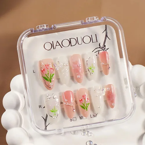 Vista 9 de 24 piezas de uñas postizas de punta francesa a presión, uñas postizas medianas en forma de almendra con diseño de ondas azul oscuro, uñas postizas