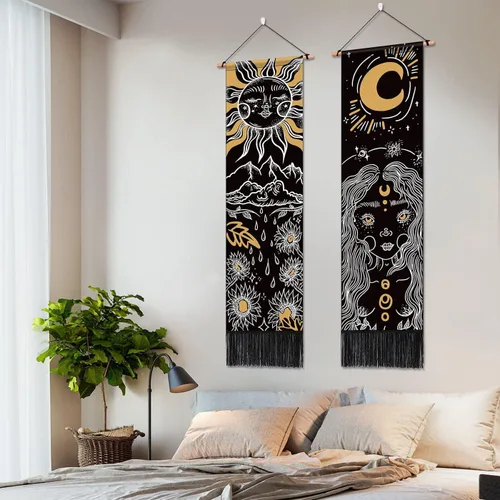 Vista 6 de ARTCREATOR Paquete de 2 tapices de sol y luna para colgar en la pared, tapiz estético vertical, arte misterioso, tapices largos para habitación