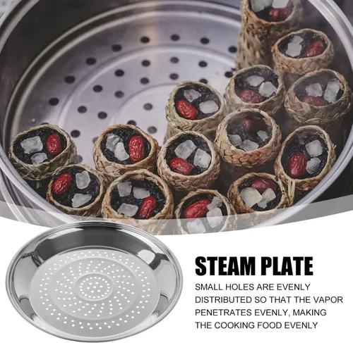 Vista 9 de Yardwe Plato para cocinar al vapor de acero inoxidable con agujeros, estante de 13.4 in para cocinar, perfecto para albóndigas, tamales y verduras