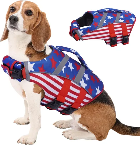 Vista 23 de Kuoser Chaleco salvavidas reflectante para perro, chaleco salvavidas para nadar y navegar Chalecos salvavidas ajustables para mascotas, traje