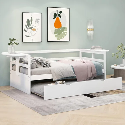 Vista 15 de Merax Cama clásica de día de madera maciza con cajones de almacenamiento, cama de plataforma para sala de estar, tamaño individual, gris