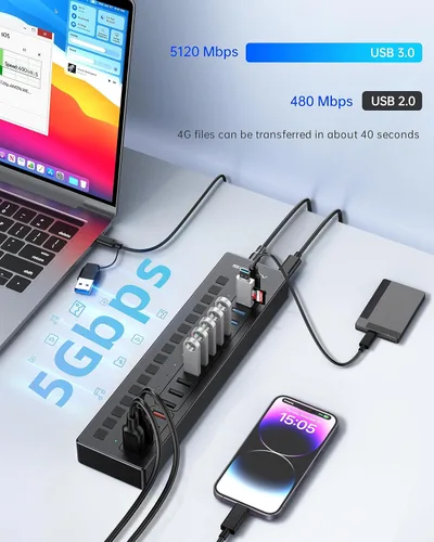 Vista 7 de Concentrador USB 3.0 alimentado, concentrador USB ACASIS de 16 puertos (incluye 2 puertos de carga inteligente USB C 3.0+4) con adaptador