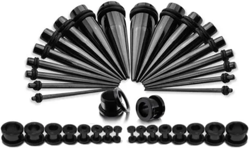 Vista 2 de Kit de estiramiento de calibre de oído de acero inoxidable y tapones Set 36 piezas 14G-00G Negro